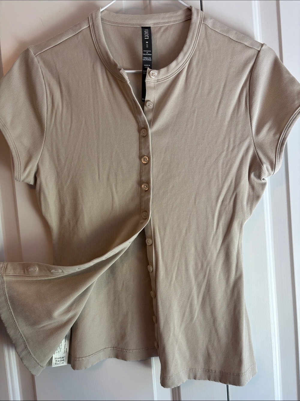 Vuori Beige Short-Sleeve Button Front Top - Picture 3 of 5